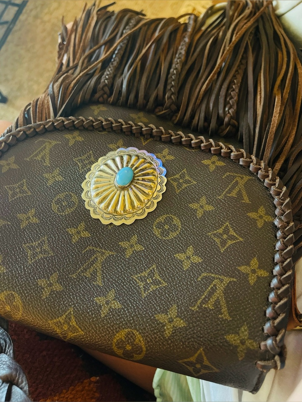 LV Fringe Leather Crossbody Bag with Turquoise Accent